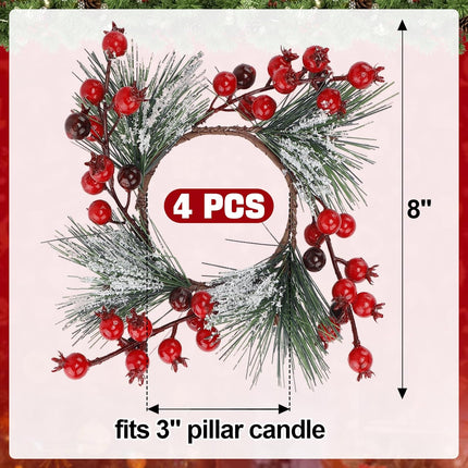 Christmas Candle Rings - Christmas Candle Wreath Garland for 3" Dia Pillar Candles with Artificial Red Berries, Xmas Wreath Candle Holder for Christmas Wedding Holiday Table Centerpiece Party Decor