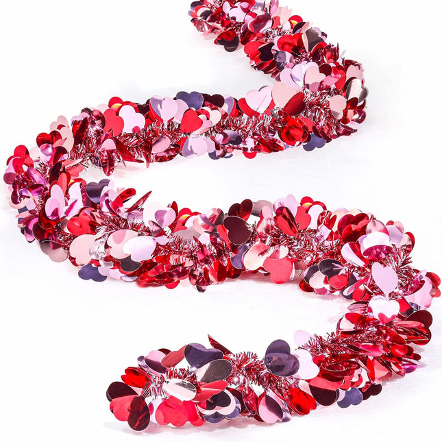 Valentines Shiny Heart Tinsel Garland 6.56 Feet Each Metallic Tinsel Twist Garland for Christmas Tree Ornaments Wreath Wedding Party Hanging Decoration(Rosy, Red, White,8 Pieces)