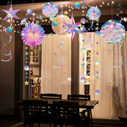 29 Pieces Home Iridescent Party Supplies Kit with Hanging Honeycomb Ball Decorative Paper Fan Snowflake Garlands White Star Hanging Swirl Decorations for Birthday Wedding Party Decorations