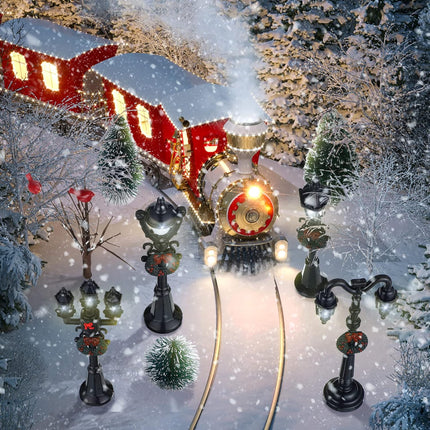 14 Pcs Christmas Accessories Village Figurine Miniature Pine Trees Snow Artificial Christmas Trees Bare Branch Trees Street Lights Lamps for Xmas DIY Crafts Winter Room Landscape (Vivid Style)