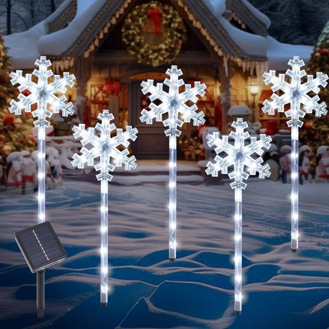 BRIGHTDECK Solar Christmas Pathway Lights, Set of 5 Outdoor Snowflake Lights Decorations Waterproof Stake Lights Garden Decorative Lights for Yard Lawn Patio Walkway Decor (Large Snowflake)