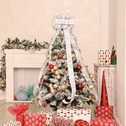 Christmas Tree Topper, 40x13 Inches Toppers Bow with Glitter Satin Mesh Streamer and Patterned Ribbon, Christmas Tree Topper Bow for Christmas Home Decoration (Gold)