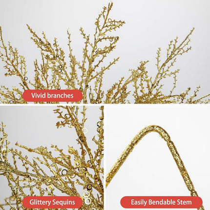 30.7" Christmas Gold Glitter Stems, 5Pcs Artificial Spray Leaf Picks Tall Branches for Christmas Tree DIY Xmas Wreath Garland Arrangment Vase Bouquets Table Centerpieces Decoration Home Decor