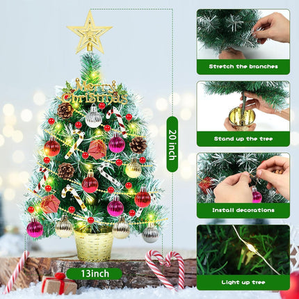 Mini Tabletop Christmas Tree with Lights 20" Small Prelit Artificial Desktop Christmas Tree Snow Flocked Pine Tree wiith Xmas Ball Ornaments