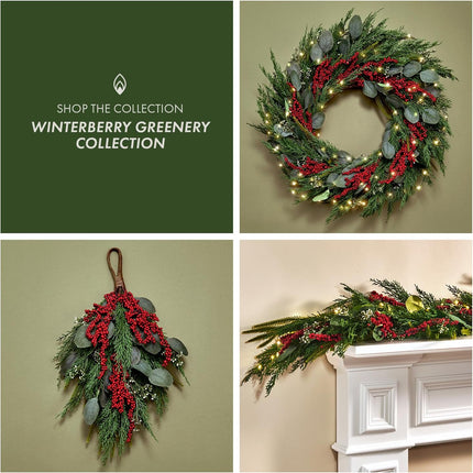 LampLust Christmas Garland with Lights, 6 Ft Lighted Garland, Greenery Garland with Red Berry & Eucalyptus, 100 LED Lights, Battery Powered Timer Included, Garland for Mantle Christmas Decorations
