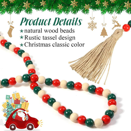 9.8ft Christmas Wood Bead Garland with Tassels, Xmas Wooden Bead Garlands Wooden Classical Green and Red Garland with Jute Rope Rustic Farmhouse Bead Natural Wood Beads Wall Hanging Decoration