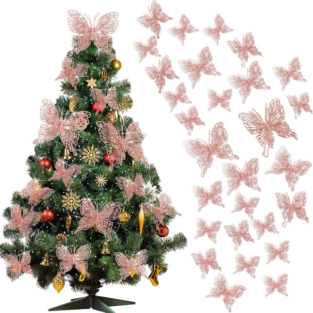 Jutom 36 Pcs Christmas Tree Butterfly Decorations 3 Sizes 3D Glitter Hollow Butterfly Ornaments Hanging Butterfly Wall Decor with Clips and Stems for Christmas Tree Wreaths Decor (Rose Gold)