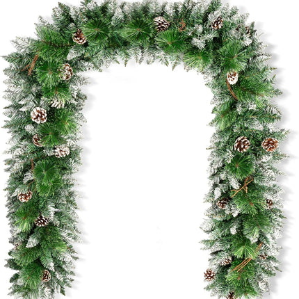9 FT Christmas Garland with 100 LED Lights Dense-Style, Battery Operated Pre-Lit Garland with Pine Cones and Snow, 8 Lighting Modes with Timer, Christmas Decor for Mantle, Fireplace