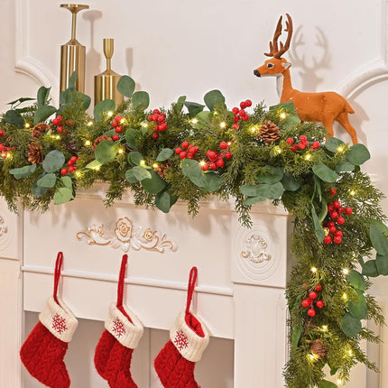 Dolicer 5.7Ft Christmas Garland with 9.8Ft Lights Strings, Eucalyptus, Red Berries, Artificial Pine Cypress Garland Greenery Garland Christmas Decorations for Winter Party Home Fireplace Wall Decor