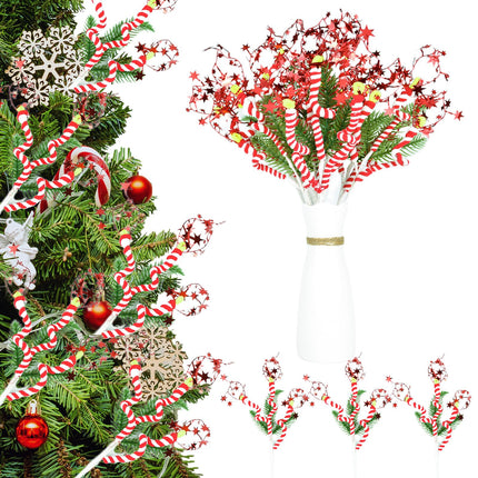 8pcs Christmas Tree Decorations Red and White Sequins Curly Picks, Christmas Tree Vase Fillers, Candy Christmas Tree Ornaments, Christmas Tree Topper Peppermint Sticks Floral Stems