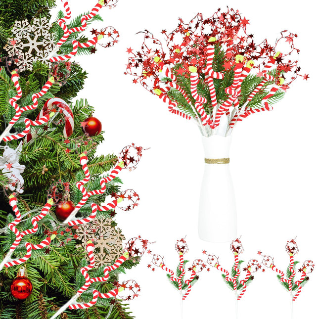 8pcs Christmas Tree Decorations Red and White Sequins Curly Picks, Christmas Tree Vase Fillers, Candy Christmas Tree Ornaments, Christmas Tree Topper Peppermint Sticks Floral Stems