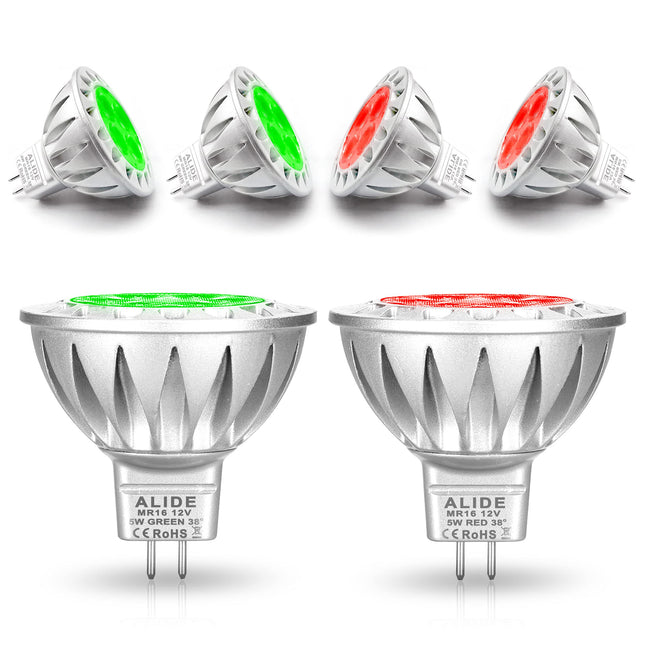 ALIDE Red Green MR16 GU5.3 Led Bulbs,Replace 20W 35W 50W Halogen,12V 5W Red Green MR16 for Christmas Holiday Decoration Outdoor Landscape Lighting,38 Deg,6 Pack Mix