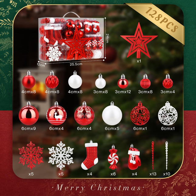 SOLEDI 128 Pcs Christmas Tree Decorations Set Assorted Christmas Ornaments, Pre-Tied Christmas Balls for Xmas Hanging Decorations Festival Holiday Decor, Shiny, Shatterproof Decorated Baubles, Red