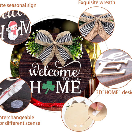 Interchangeable Welcome Sign Wreaths for Front Door - Seasonal Round Wood Door Sign, Farmhouse, Porch Wall Outdoor Hanging for Thanksgiving, Halloween, Christmas，Fall Home Housewarming Ideas