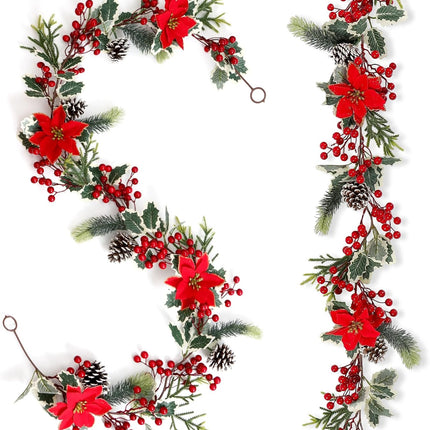 SOMYTING Christmas Garland 6FT Christmas Poinsettia Garland with Red Berries Holly Leaves Artificial Pine Needle Red Berry Garland Artificial Xmas Flower for Indoor Outdoor Christmas Decortions (2PCS)