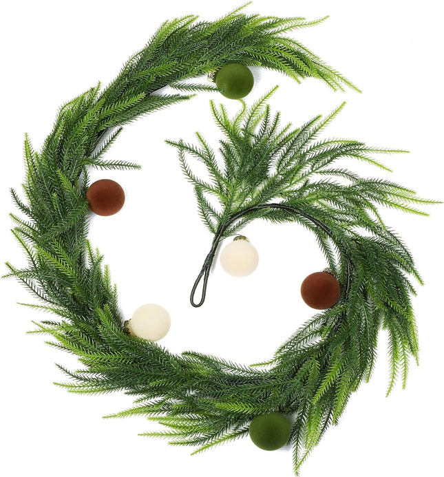 Jutom 5 ft Velvet Christmas Balls Garland Norfolk Pine Garland with Velvet Balls Faux Greenery Garland Pine Garland Artificial Greenery Garland for Christmas Table Fireplace Wall Home Railing Decor