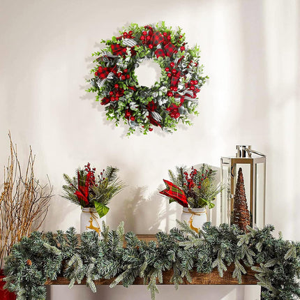 MTSCE Christmas Wreath, Front Door Decoration Wreath Winter Garland Artificial Wreath for House Party Outdoor Indoor Red Black Plaid Wreath-18 Inch