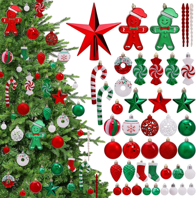 125 Pcs Christmas Tree Ornaments Set, Red Green White Christmas Ornaments Shatterproof Christmas Decorations with Star Toppers Assorted Decorative Hanging Balls for Xmas Tree Home Holiday Party