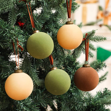 Liliful 15 Pcs Velvet Christmas Balls Bulk Flocked Christmas Tree Ball Ornaments Plastic Balls Xmas Decorative Hanging Ornaments Christmas Tree Decoration (Brown, Green, Beige,3.15 Inch)