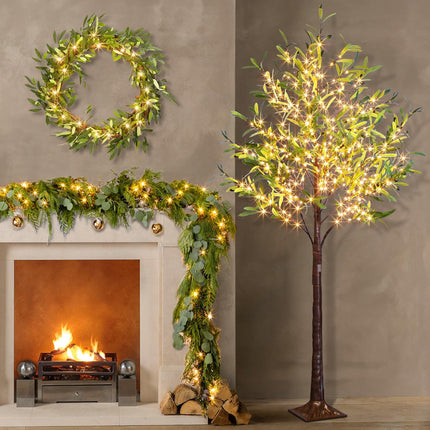 Artificial Lighted Olive Tree, Vanthylit 6ft Faux Plant Tree with 300 LED Fairy Lights, Prelit Fake Eucalyptus Greenery Tree Light with Leaves and Fruits Indoor Outdoor Home Bedroom Christmas Decor
