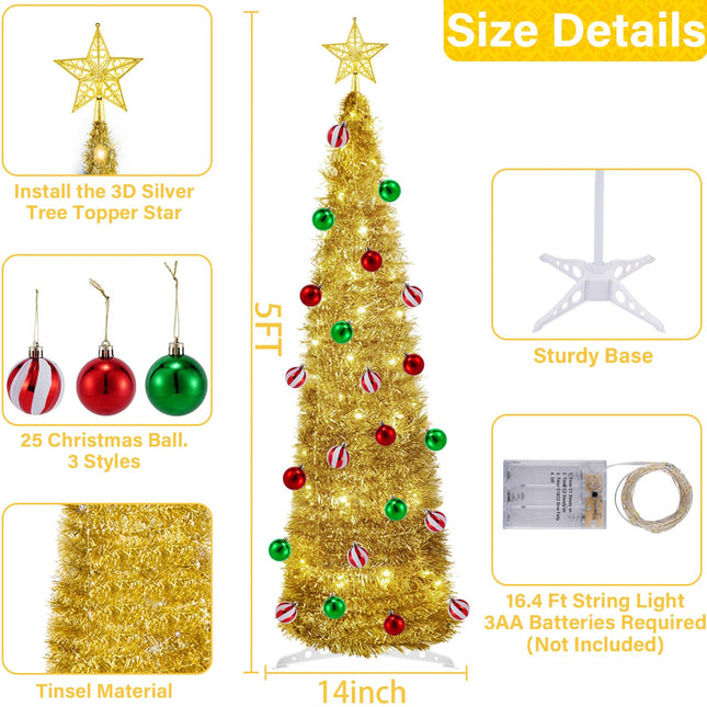 [ 4 Lighting Modes & Timer ] 5 Ft Pop Up Christmas Pencil Tree with 25 Ball Ornaments, Tinsel Christmas Tree with 60 Warm White & Multi Color Change Lights for Home Holiday Indoor Decorations (Gold)