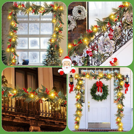 Ceenna 2 Pcs Prelit Christmas Garland with Globe Lights, 12 ft 20 Led Lighted Pine Cone Holly Berry Garland Battery Operated with 8 Modes Timer Remote for Home Fireplace Holiday Decorations (Red)