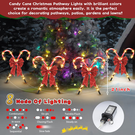 4 Pack Christmas Candy Cane Outdoor Pathway Lights with Bow, 21" Christmas Stakes Lights, 8 Modes Waterproof Outdoor Christmas Decorations Lights for Holiday Xmas Indoor Yard Patio Garden Walkway