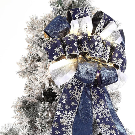 Zeyune Christmas Tree Topper 12 x 45 inches Large Christmas Bows LED Lights Glitter Satin Mesh Streamer Snowflake Ribbon Decorative Bows for Christmas Tree Decorations(Blue)