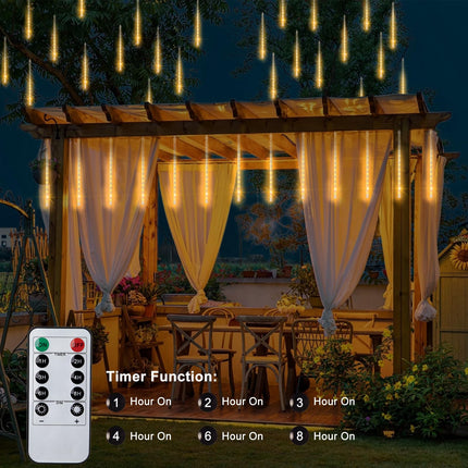 Christmas Meteor Shower Lights Battery Powered, Waterproof 192 LED Icicle Snow Falling Lights with Remote Timer Raindrop Lights for Tree Yard Patio Christmas Party Outdoor Decor(Warm White)