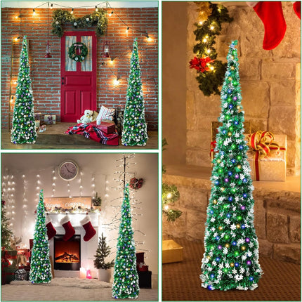 Barydat 5ft Pop up Christmas Tree with Lights Collapsible Tinsel Trees Reusable Pull up Christmas Tree with Snowflakes Sequins Slim Pencil Tree for Christmas Party Holiday Fireplace Home(Green)