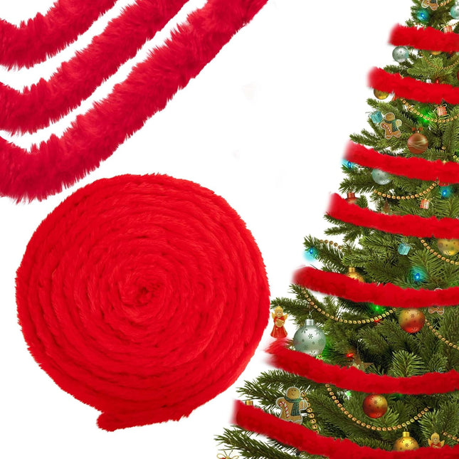 Wehhbtye 2 Pcs Christmas Tree Winding Garland, 2'' x 66 Ft Artificial Furry Roll Garland, Red Xmas Tree Fluffy Twist Decoration for Christmas Home Party Decor Sewing Santa Hat and Scarf