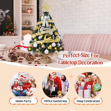 Mini Christmas Tree with 40 LED String Lights 24In/2FT Small Artificial Christmas Tree with 8 Modes Tabletop Fireplace Mantel Table Christmas Decorations Home Indoor Decor
