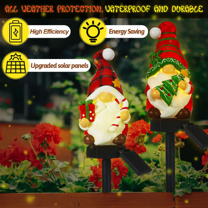 2 Pack Christmas Gnome Solar Light Waterproof Gnome Garden Stakes for Outside Xmas Gnome Statue LED Solar Light for Winter Home Patio Yard Lawn Pathway Walkway Xmas Outdoor Decoration