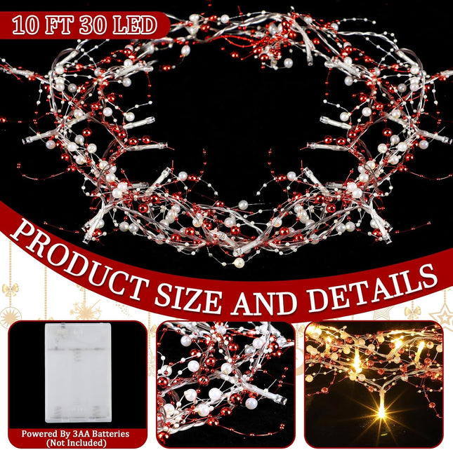 10 Feet 30 LED Christmas Light Metal Berry Beaded Garland Indoor Christmas String Lights for Fireplace Mantel Indoor Christmas Light Decorations (Red, White)