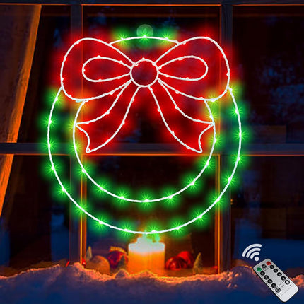 Christmas Wreath Window Lights Decorations, 13.5 in 82LEDs Christmas Wreath Lights with Bow, Timer Remote Control USB Powered Window Silhouette Lights for Door Home Wall Winter Xmas Party Decor