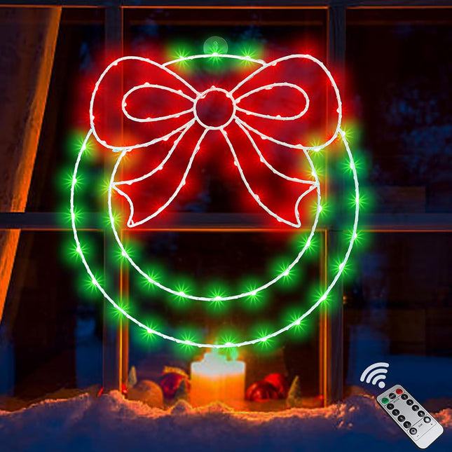Christmas Wreath Window Lights Decorations, 13.5 in 82LEDs Christmas Wreath Lights with Bow, Timer Remote Control USB Powered Window Silhouette Lights for Door Home Wall Winter Xmas Party Decor