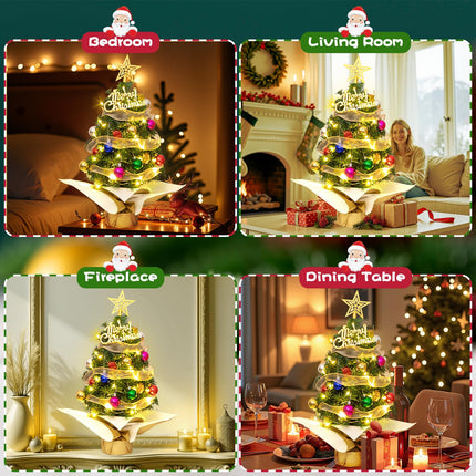 Mini Christmas Tree with Lights, 24'' Tabletop Christmas Tree with Abundance of Ornaments, Small Christmas Tree for Bedroom, Living Room, Fireplace, Dining Table, Perfect Christmas Decor