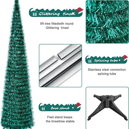 5Ft Pop up Christmas Tree Blackish Green,Collapsible Pencil Tree with Plastic Base, Tinsel Tree for Holiday Home Party Decoration Indoor Outdoor