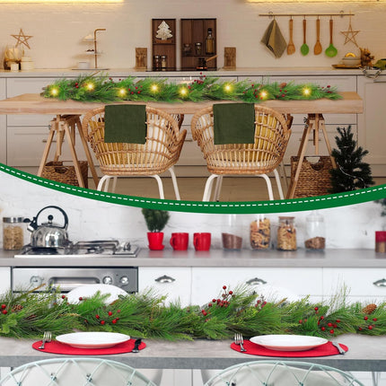 Chuangdi 6 ft Christmas Pine Garland with 20 LED Lights Battery Operated Pre-lit Artificial Pine Needle Garland with Pine Cones Berries Christmas Greenery Garland for Mantle Staircase Fireplace Decor