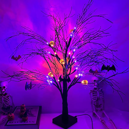 24Inch Black Halloween Spooky Tree with Purple & Orange Lights,Lighted up Halloween Decorations,Halloween Tabletop Decor with Pumpkin & Bat Ornaments for Indoor Home Party Deco
