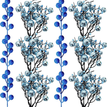 30 Pieces Artificial Glitter Berries Stems Decorations Pick 11.8 Inch and 6.3 Inch Artificial Christmas Picks for Valentine's Day Christmas Tree DIY Wreath Crafts Holiday Decor (Light Blue)