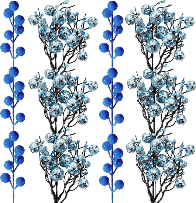 30 Pieces Artificial Glitter Berries Stems Decorations Pick 11.8 Inch and 6.3 Inch Artificial Christmas Picks for Valentine's Day Christmas Tree DIY Wreath Crafts Holiday Decor (Light Blue)