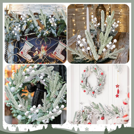 Giegxin 65 Pieces Christmas Snowy Pine Tree Picks Artificial Berry Stems Sprays White Faux Cedar Pine Needles Branches for Holiday Arrangement Wreath DIY Garland Holiday Decor Winter Greenery