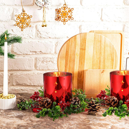 Sliner 4 Pcs Christmas Glass Candle Holders 4.7 inch Glass Xmas Candle Holder, 2 Pcs Votive Candle Berry Ring with Pinecones and 2 Pcs Christmas Candle Holders Decorative for Table Centerpieces Decor