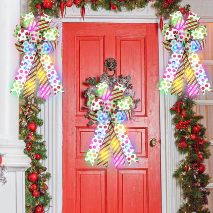 2 Pack Lighted Large Christmas Bow for Wreath Decor, Red Green Christmas Tree Topper Bows, Red Green Glitter Dot Bows for Wreath, 20x12 Inch Decorative Bows Light (Red Green Christmas)
