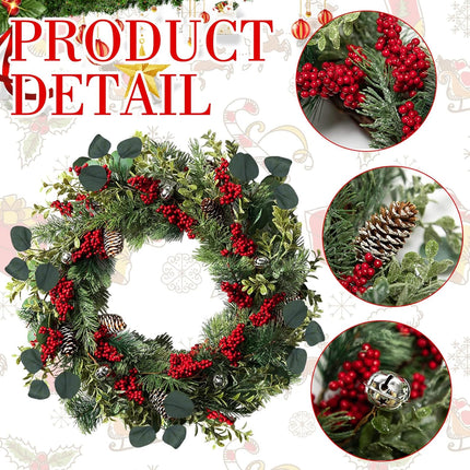 2 Pcs 16 Inch Pre Lit Christmas Wreath with Large Red Bow, Battery Operated Xmas Wreaths, Artificial Front Door Wreaths, Adorned with Red Berries, Pine Needle, Holly Leaves Xmas Door Decor