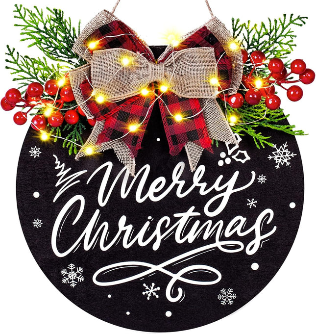 Christmas Door Sign for Christmas Decorations, Lighted Christmas Wreaths for Front Door, Farmhouse Wooden Hanging Merry Christmas Sign with 30 LED Lights for Indoor Outdoor Porch Wall Window Decor