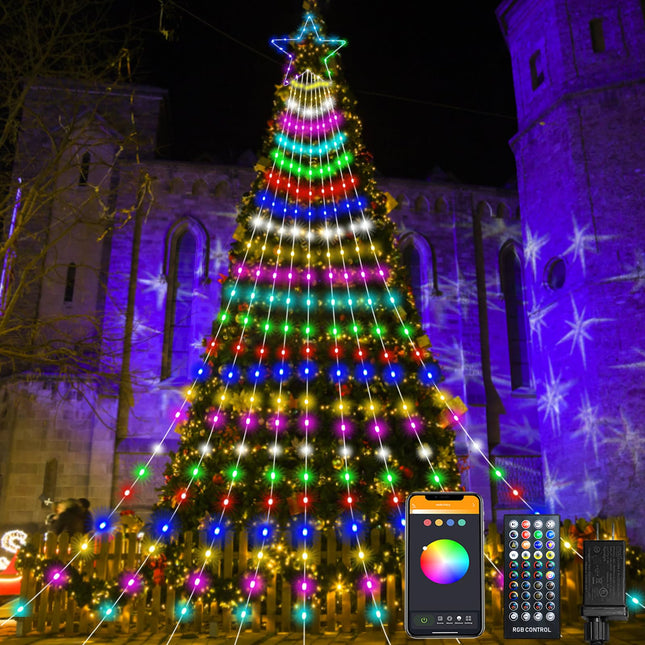 Outdoor Christmas Decorations Lights, 344 LEDs Color Changing Smart Waterfall Christmas Tree Lights with Remote & Sync Music, LED String Lights Outdoor Waterproof for Party Wedding Xmas Decor (12FT)