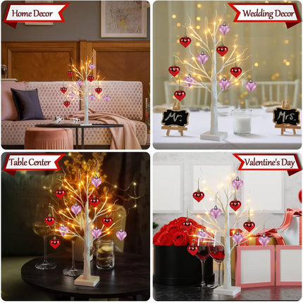 2Pcs Valentine 24'' Tabletop Birch Tree, Timing White Birch Tree with 24 LED Lights Battery Powered, Artificial Valentine Tree Set of 10 Heart Ornaments for Valentine's Day Table Decor Home Indoor