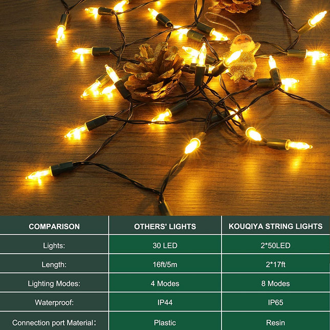 KOUQIYA Battery Operated Christmas Lights 2 Pack, 17ft 50 LED Mini String Lights with Auto-Timer 8 Modes Waterproof Tree Lights (Warm White
